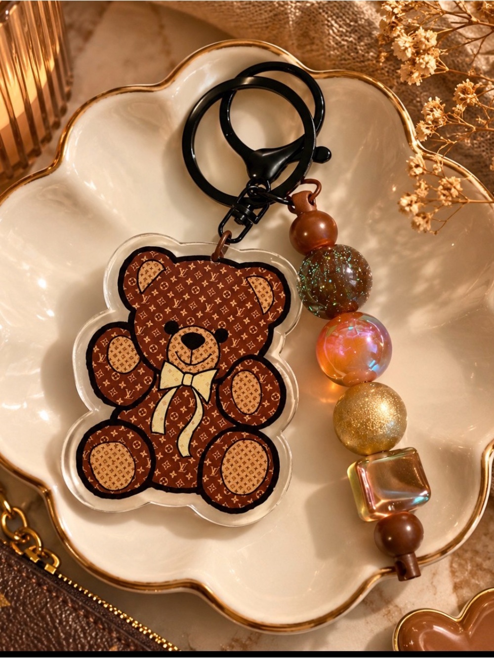 Handmade Inspired Teddy Bear Acrylic Keychain with Beaded Charm — Brown